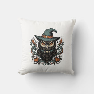 Vintage Halloween Owl Witch Hat Vector Design_1 Cushion