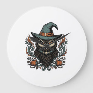 Vintage Halloween Owl Witch Hat Vector Design_1 Large Clock