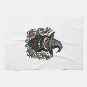 Vintage Halloween Owl Witch Hat Vector Design_1 Tea Towel