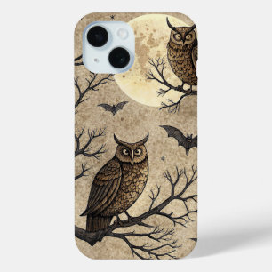 Vintage Halloween Owls & Moon iPhone 15 Case