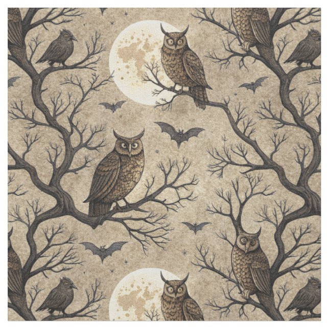 Vintage Halloween Owls & Moon Fabric (Close Up)