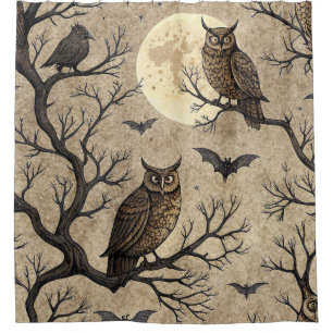 Vintage Halloween Owls & Moon Shower Curtain