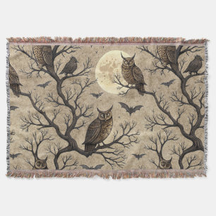 Vintage Halloween Owls & Moon Throw Blanket