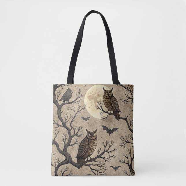 Vintage Halloween Owls & Moon Tote Bag (Front)