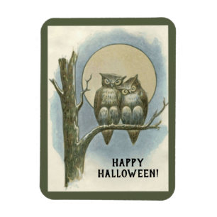 Vintage Halloween Pair of Owls Sitting Night Moon Magnet