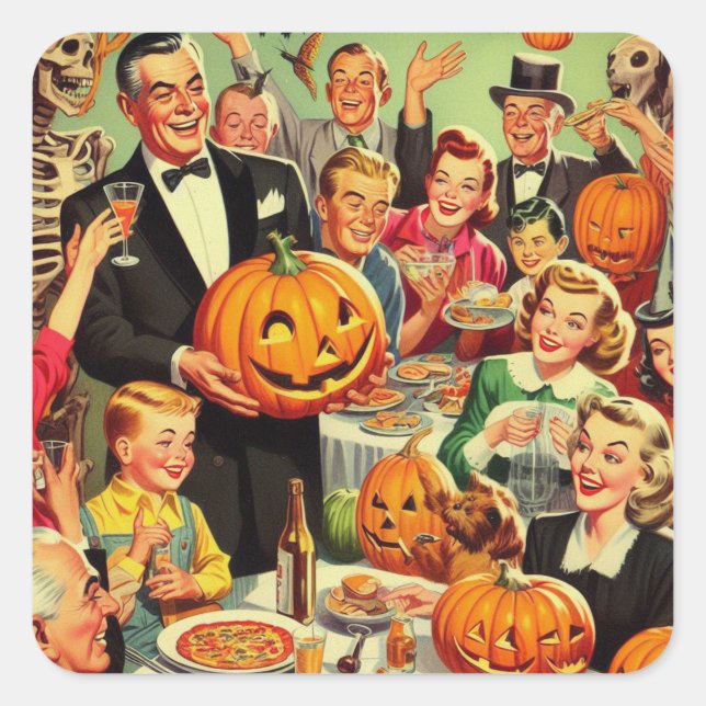 Vintage Halloween Party Illustration Square Sticker (Front)
