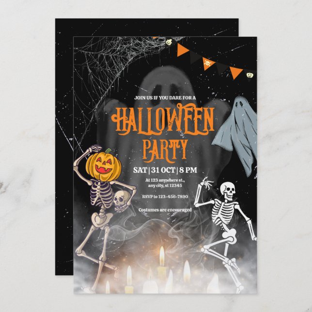 Vintage Halloween Party invite, Halloween Skeleton Invitation (Front/Back)