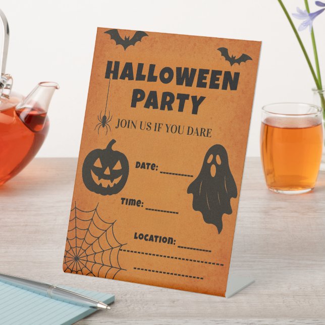 Vintage Halloween Party Invite | Spooky Icons Pedestal Sign (In SItu)