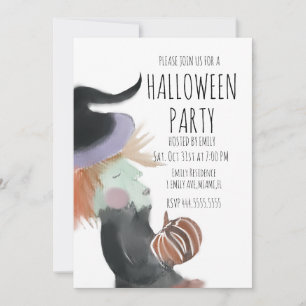 Vintage Halloween Party Watercolor Witch Pumpkin Invitation