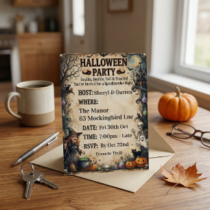 Vintage Halloween Party Witch & Haunted House Invitation