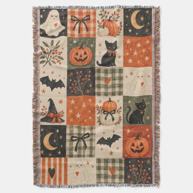 Vintage Halloween Patchwork Ghost & Cat Blanket (Front Vertical)