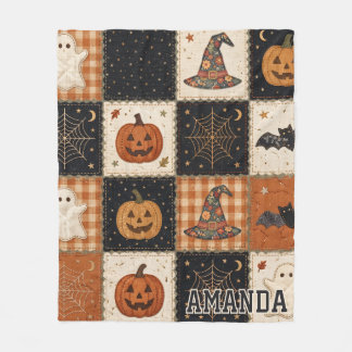 Vintage Halloween Patchwork Quilt Fleece Blanket