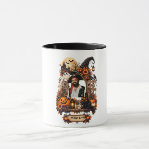 Vintage Halloween Personalised Photo Name Black Ca Mug