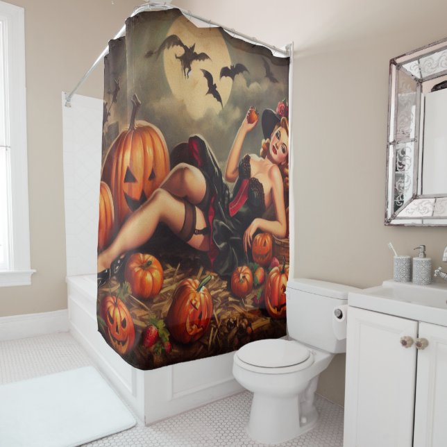 Vintage Halloween Pin Up Shower Curtain (In Situ)