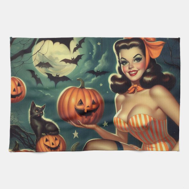 Vintage Halloween Pin Up Tea Towel (Horizontal)