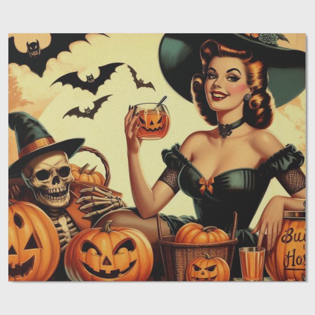 Vintage Halloween Pin-Up Wrapping Paper (Flat)