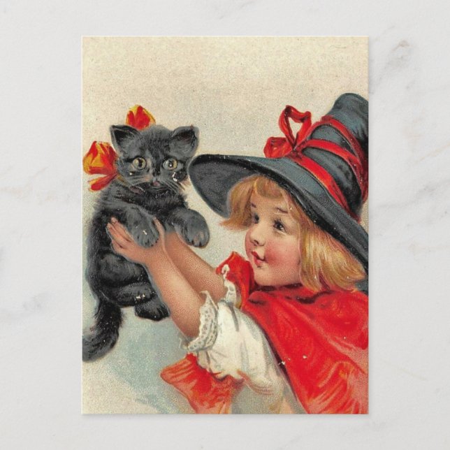 Vintage Halloween Postcard - Girl & Black Cat (Front)
