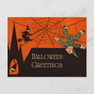 Vintage Halloween Postcard, Tumbling Jester, Witch Postcard