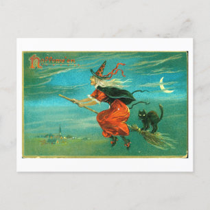 Vintage Halloween Postcard with Witch & Black Cat
