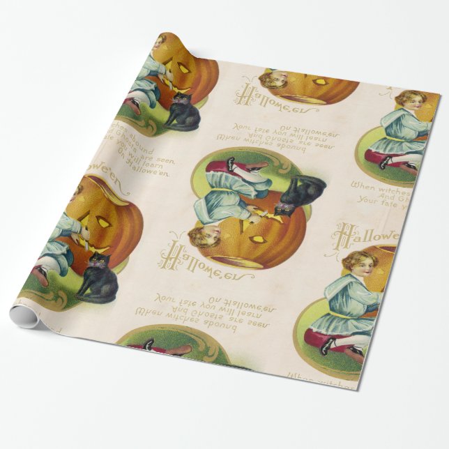 Vintage Halloween Postcard Wrapping Paper (Unrolled)