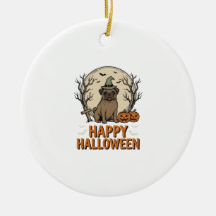 Vintage Halloween Pug Dog Witch Hat Shirt Design_1 Ceramic Tree Decoration