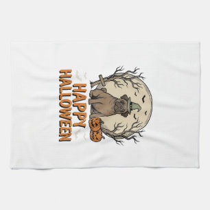 Vintage Halloween Pug Dog Witch Hat Shirt Design_1 Tea Towel