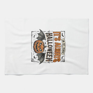 Vintage Halloween Pumpkin Bat Typography Shirt Des Tea Towel