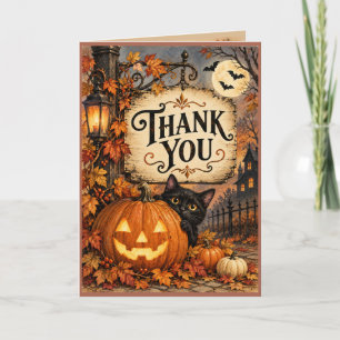 Vintage Halloween Pumpkin Black Cat Thank You Card