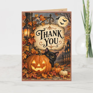 Vintage Halloween Pumpkin Black Cat Thank You Card
