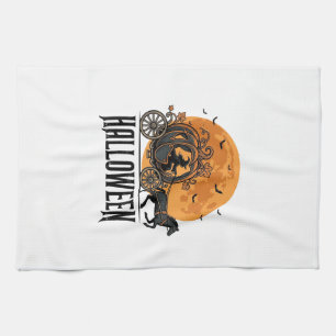 Vintage Halloween Pumpkin Carriage Witch Design_1 Tea Towel