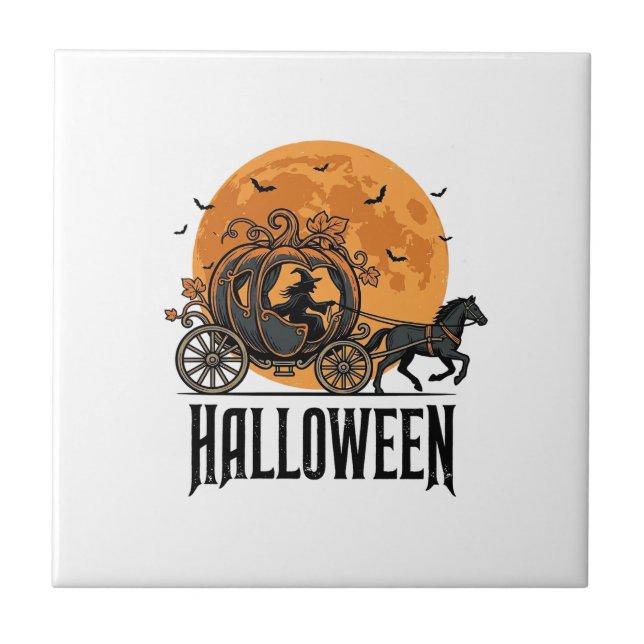 Vintage Halloween Pumpkin Carriage Witch Design_1 Tile (Front)