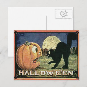 Vintage Halloween Pumpkin  & Cat in Mosaic Postcard