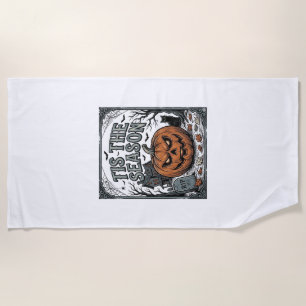 Vintage Halloween Pumpkin Cat Tis The Season Shirt Beach Towel
