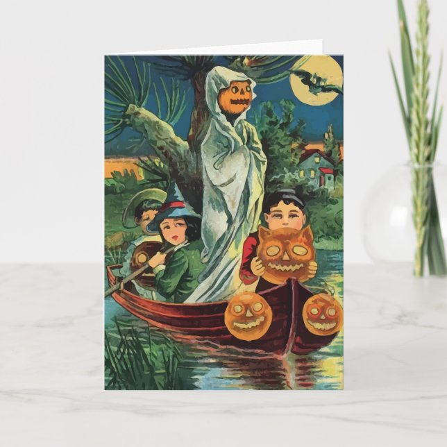 Vintage Halloween Pumpkin Ghost Card (Front)