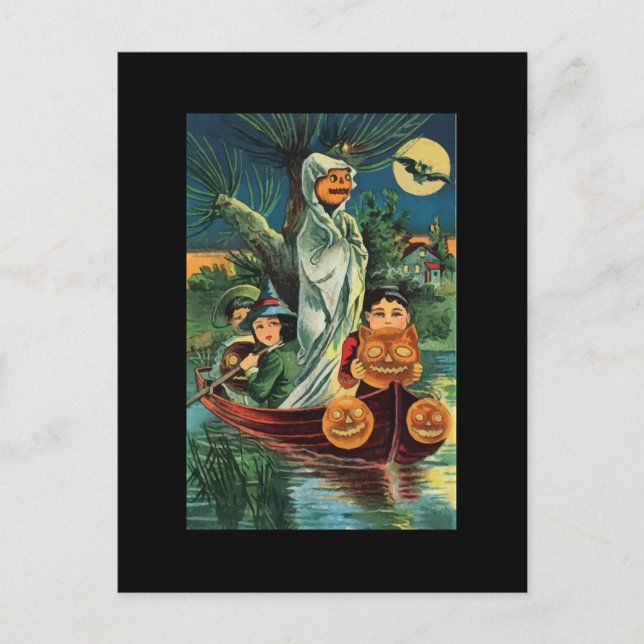 Vintage Halloween Pumpkin Ghost Postcard (Front)