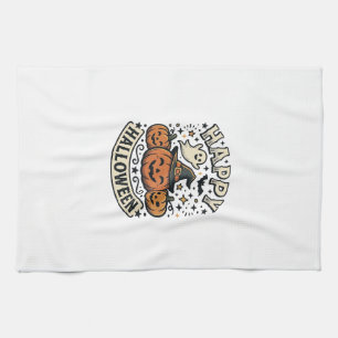 Vintage Halloween Pumpkin Ghost Shirt Design_1 Tea Towel