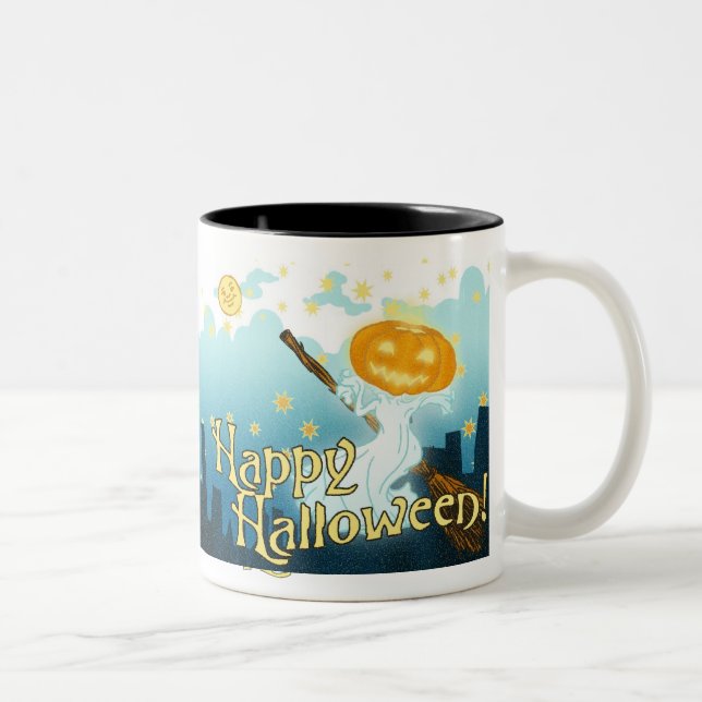Vintage Halloween Pumpkin Ghost Two-Tone Coffee Mug (Right)