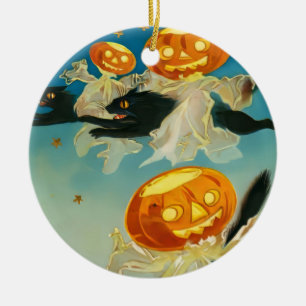 Vintage Halloween Pumpkin Ghosts and Black Cats Ceramic Tree Decoration