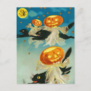 Vintage Halloween Pumpkin Ghosts and Black Cats Invitation Postcard