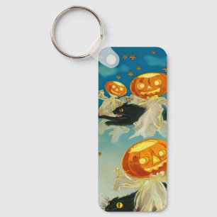 Vintage Halloween Pumpkin Ghosts and Black Cats Key Ring