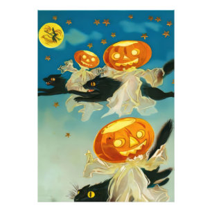Vintage Halloween Pumpkin Ghosts and Black Cats Photo Print