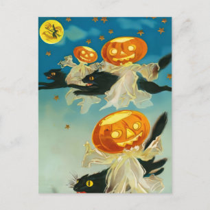 Vintage Halloween Pumpkin Ghosts and Black Cats Postcard