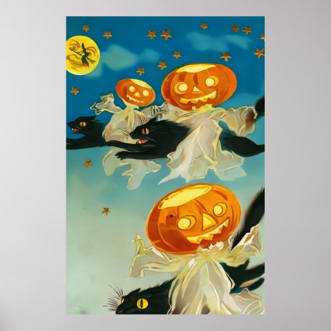 Vintage Halloween Pumpkin Ghosts and Black Cats Poster (Front)