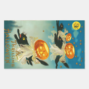 Vintage Halloween Pumpkin Ghosts and Black Cats Rectangular Sticker