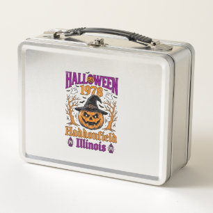 Vintage Halloween Pumpkin Haddonfield Illinois Shi Metal Lunch Box