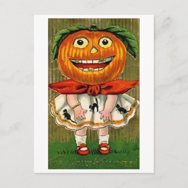 Vintage Halloween Pumpkin Head Girl Postcard (Front)