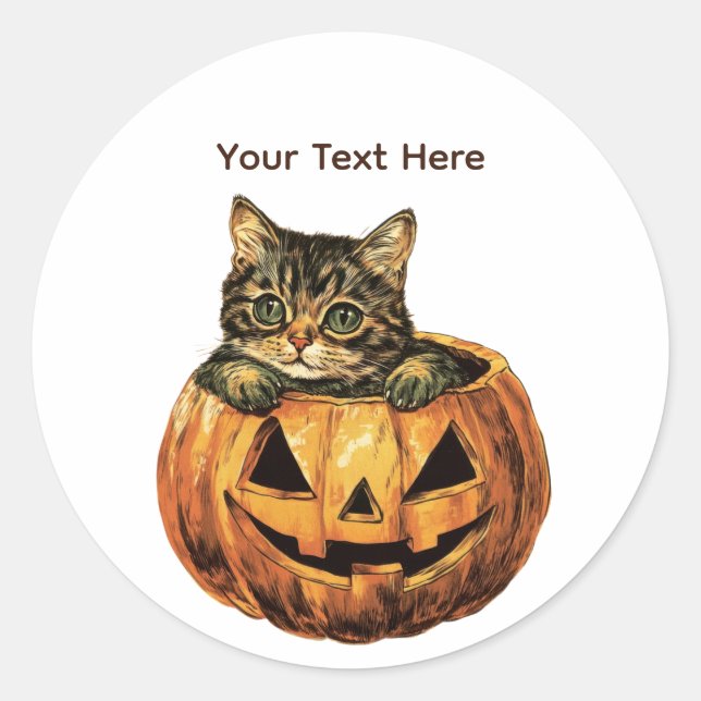 Vintage Halloween Pumpkin Kitty Classic Round Sticker (Front)
