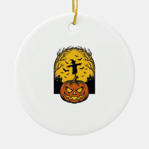 Vintage Halloween Pumpkin Moon Scarecrow Art_1 Ceramic Tree Decoration