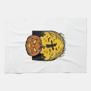 Vintage Halloween Pumpkin Moon Scarecrow Art_1 Tea Towel
