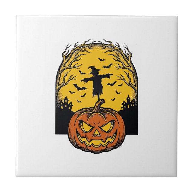 Vintage Halloween Pumpkin Moon Scarecrow Art_1 Tile (Front)